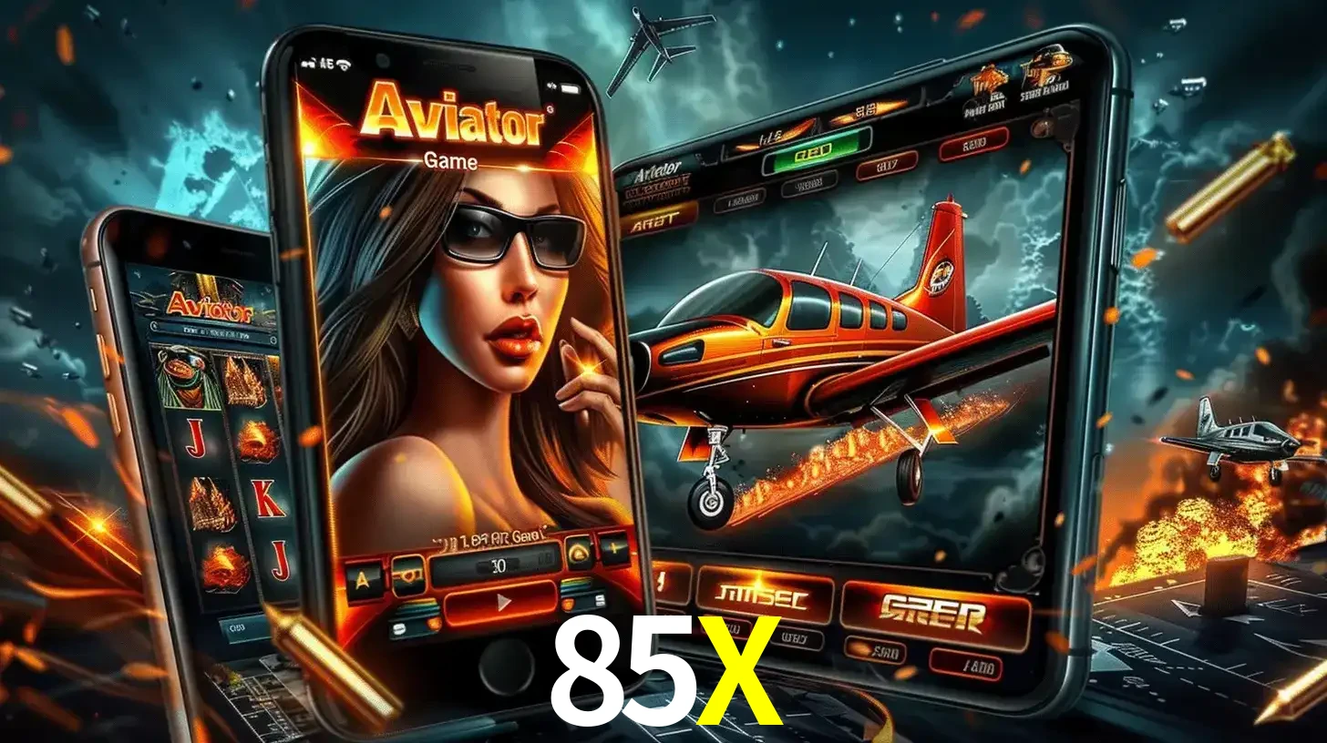 O popular jogo de apostas Aviator exibido em vários celulares e tablets, mostrando a interface emocionante e a ação de voo disponíveis para jogar agora no 85X.