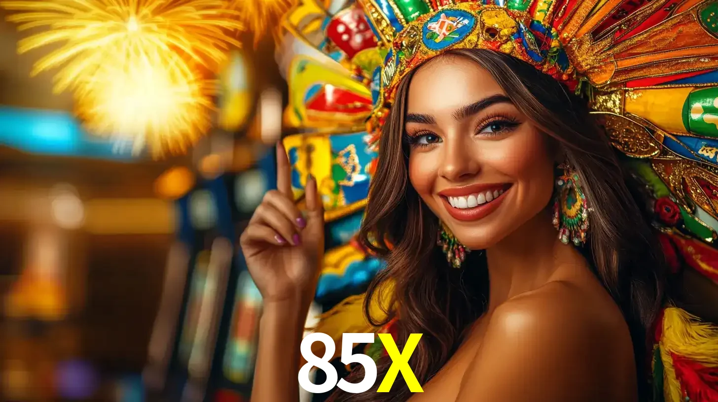 Mulher sorridente com um cocar de carnaval vibrante e colorido, celebrando uma grande vitória nos jogos do cassino 85X com fogos de artifício ao fundo.