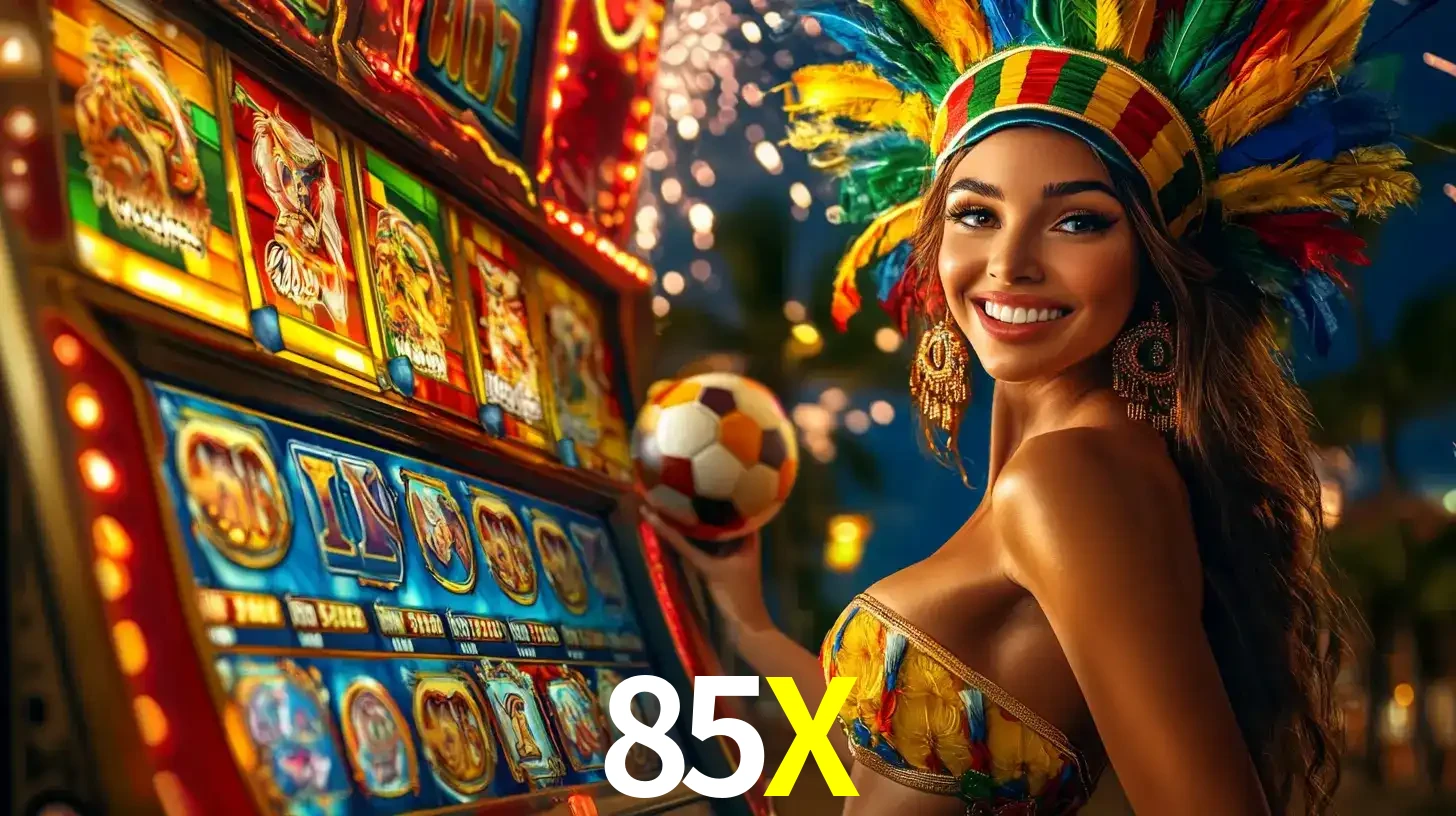 Mulher com um cocar de carnaval ao lado de uma máquina de caça-níqueis enquanto segura uma bola de futebol, mostrando a união da diversão de cassino e esportes no 85X.