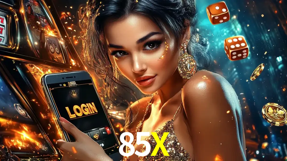 Mulher glamourosa segurando um celular com a tela de login do cassino 85X, rodeada por dados e moedas douradas, pronta para começar a diversão.