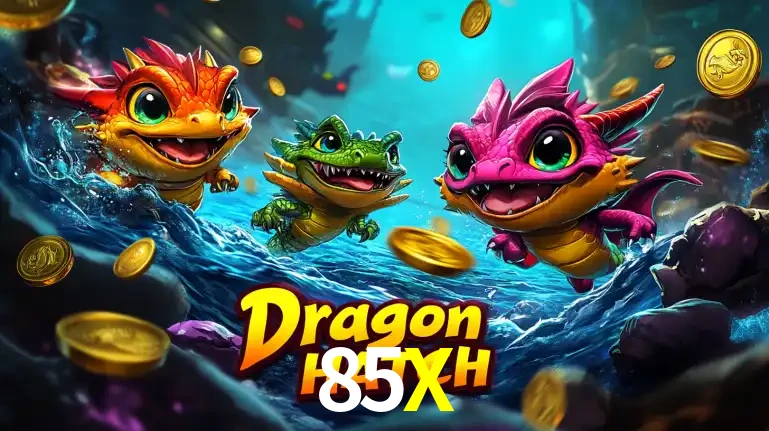 Arte promocional do jogo Dragon Hatch com três adoráveis dragões bebês nadando entre moedas de ouro, um dos slots mais divertidos para jogar no cassino 85X.