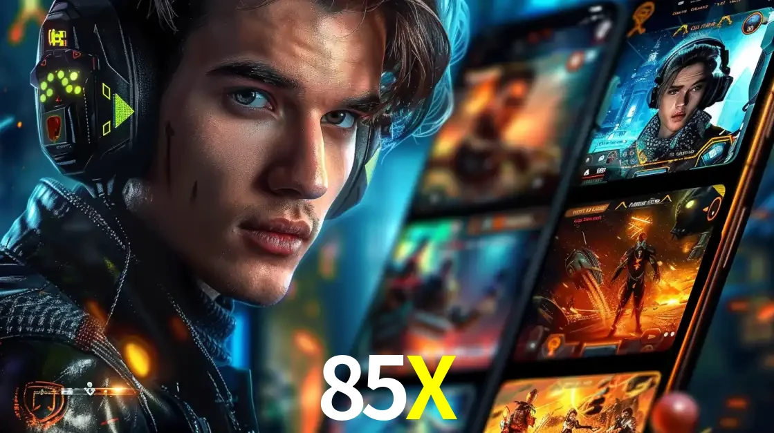Jovem jogador com fones de ouvido olhando para a câmera, com um aplicativo de jogos e e-sports para celular ao fundo, pronto para a competição e apostas no 85X.