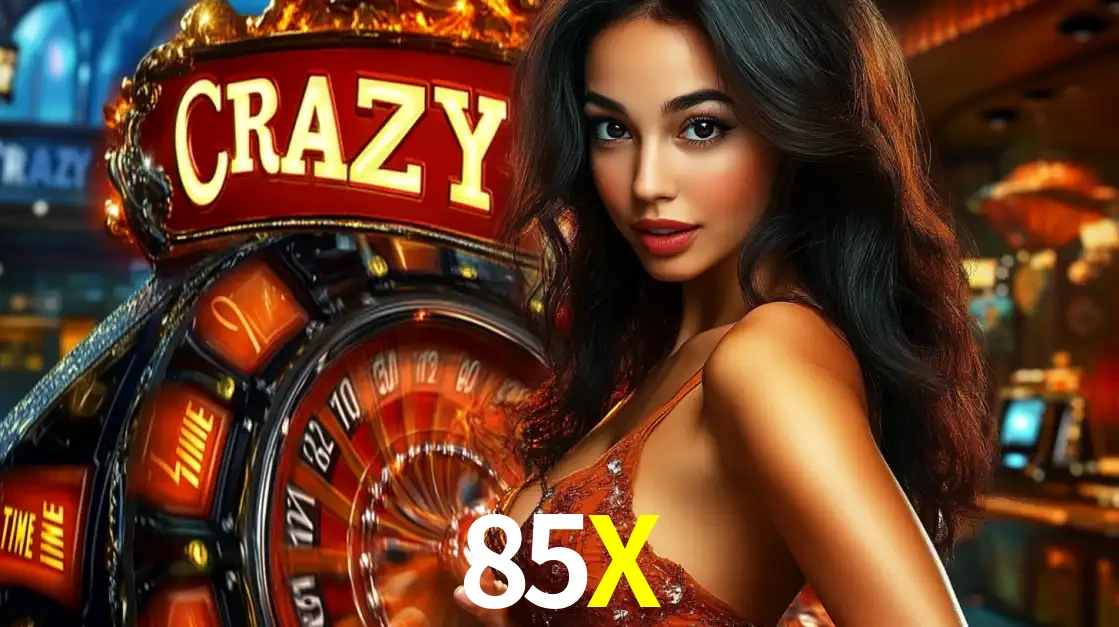 Mulher glamourosa olhando para a câmera com a roda vermelha do Crazy Time ao fundo em um ambiente de cassino, destacando a emoção dos jogos ao vivo no 85X.