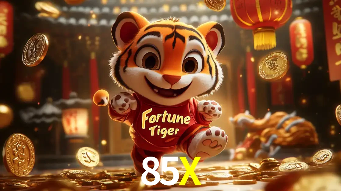 O alegre personagem do Fortune Tiger correndo sobre um caminho de moedas de ouro, simbolizando os grandes prêmios e a diversão do popular jogo de slot do 85X.