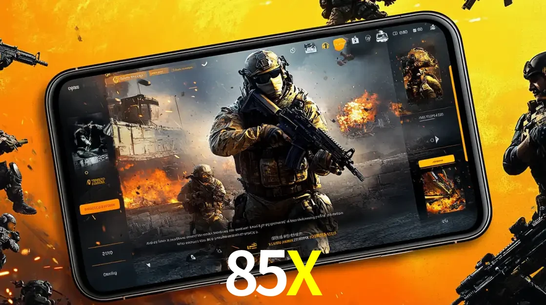 Um smartphone exibindo a interface de um jogo de tiro em primeira pessoa, com um soldado em um cenário de batalha, representando a ação dos e-sports para apostar no 85X.