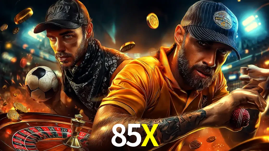 Montagem de apostas esportivas e cassino no 85X, com um homem segurando uma bola de futebol e outro uma de beisebol sobre uma roleta e moedas voadoras.