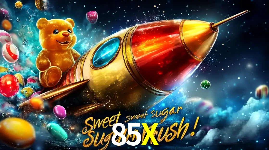 Arte promocional do jogo de slot Sugar Rush, com um urso de pelúcia em um foguete viajando pelo espaço de doces, um dos jogos divertidos disponíveis no cassino 85X.
