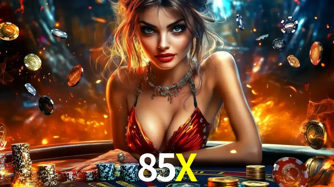 Mulher em uma mesa de cassino com pilhas de fichas e um fundo de fogo, pronta para uma rodada de altas apostas nos jogos de mesa emocionantes do cassino 85X.