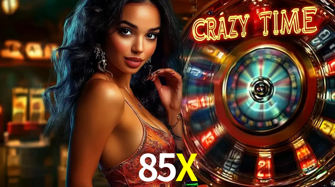 Mulher elegante ao lado da vibrante roda da fortuna do jogo de cassino ao vivo Crazy Time, um dos game shows mais populares e cheios de prêmios do 85X.