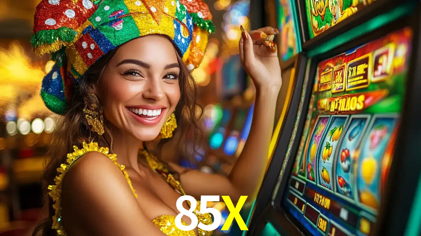Mulher feliz com traje de carnaval amarelo e colorido ao lado de uma máquina de caça-níqueis, aproveitando a diversão e os jogos temáticos do cassino 85X.