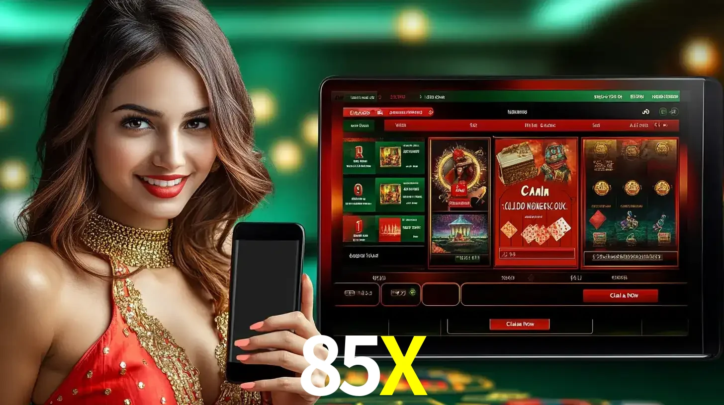Mulher sorridente segurando um smartphone, ao lado de uma tela exibindo o lobby de jogos do cassino online 85X, com várias opções de jogos de cartas e slots.